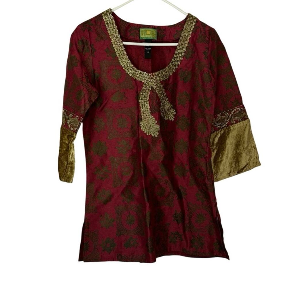 Tracy Porter Women's Boho Brocade Tunic Top Burgundy Gold Size‎ M Embellished